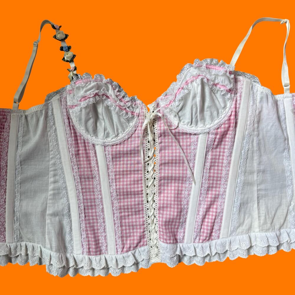 00's vintage gingham eyelet lace corset top y2k lingerie set Size 34 S/M - Picture 8 of 10